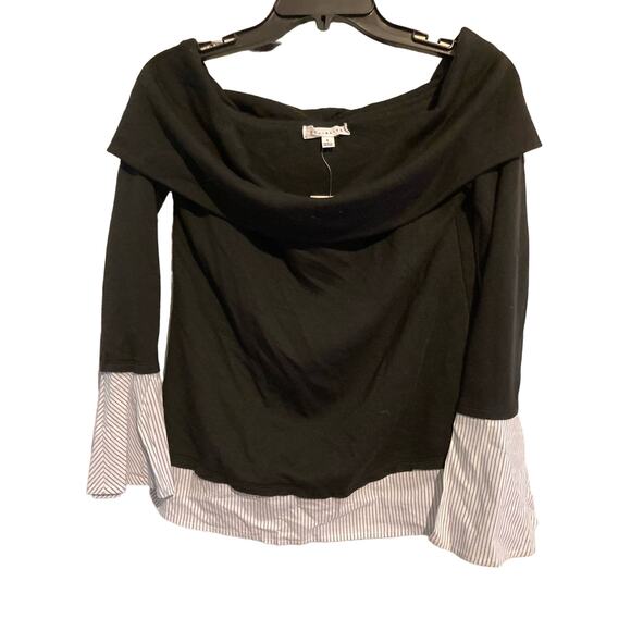 Socialite Cowl Neck Twofer Top Small Black with Blue & White Pinstripe NEW - Picture 5 of 8